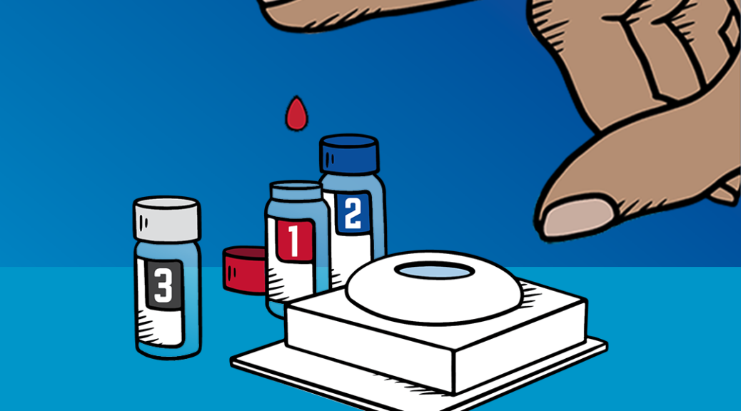 A drawing on a two toned blue background. A hand with the index finger pointing and a drop of blood falling into a vial with the number 1. There are two other vials, labelled 2 and 3, and there is a small white block with a top shaped like half a bagel. Likely the bacterial growth kit.