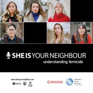 She Is Your Neighbour | Understanding Femicide (collage of portraits of the six guests above white text on a black background with an illustration of a microphone to the left; wordmarks of sponsors below that, Spotify, Apple iTunes, Google Podcasts, Rogers, WCSWR)