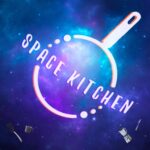 Space Kitchen (illustration of a frying pan with text across it, white on a blue background)