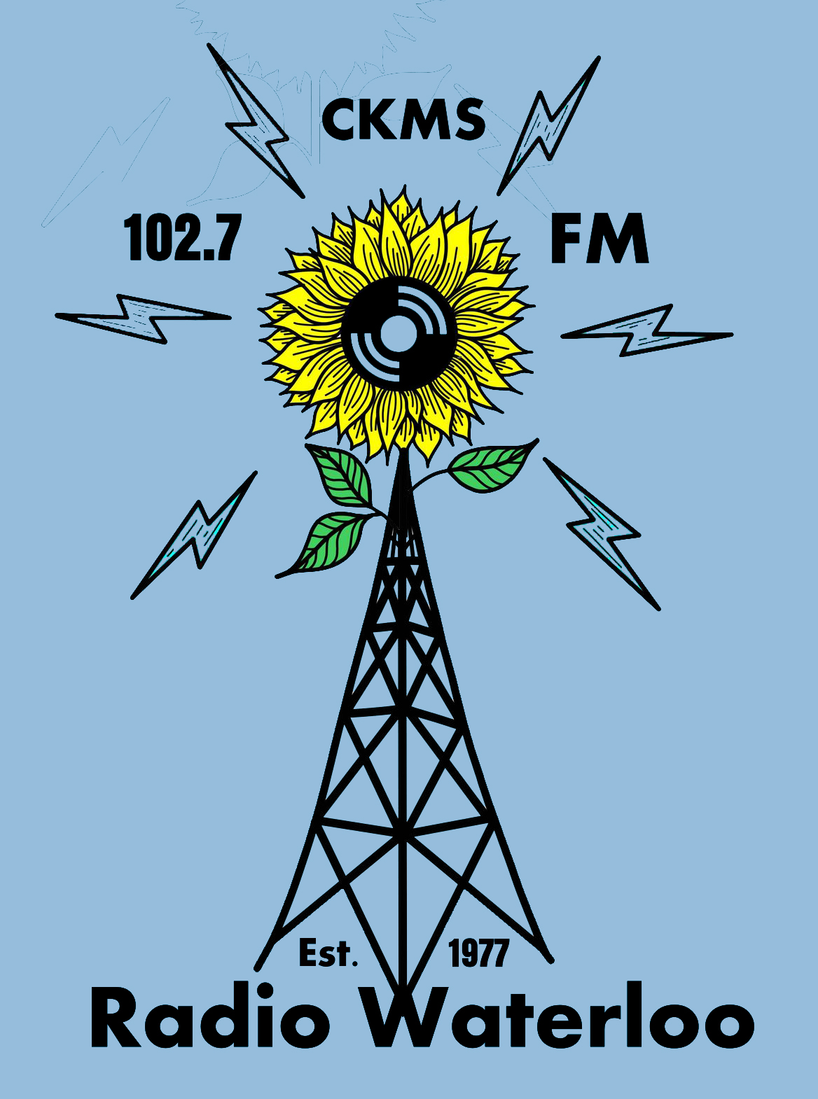 CKMS 102.7 FM | Est. 1977 | Radio Waterloo (illustration of a sunflower on top of a transmitter tower with radio waves coming off the flower)
