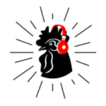 (black silhoutte of a rooster head wearing red headphones, with lines radiating out)