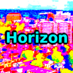 Horizon (teal letters outlined in black over a colourful background of the Kitchener skyline)
