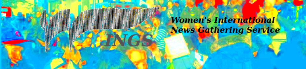 WINGS | Women's International News Gathering Service (W is the logo, other text is over a colour saturated image of people in the street)