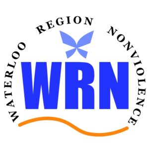 Waterloo Region Nonviolence | WRN (words in an arc around WRN in blue text, gold wavy line along the bottom, and a stylized butterfly in the middle)