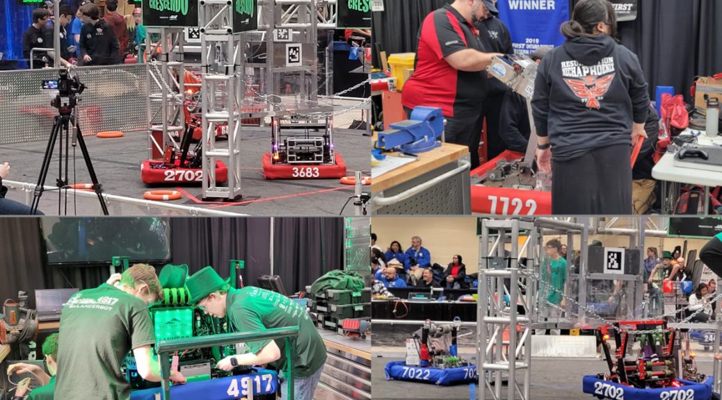 A collage of 4 pictures from the FIRT Robotics competition in Barrie on March 16th. Top left, several robots (4 wheels with a square square base and about several feet tall. Top left: several competitors with tools working on their robots. Bottow Left, Several green clad competitors working on their robots. Bottom Right: Blue branded robots in the areana doing their thing. The robots are like super advanced kinetix style builds, with wheels, pullies, arm units etc