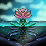 (watercolour illustration of a pink flower with green/blue leaves partially underwater. There are fuzzy clouds in the sky background. The viewpoint is half above and half below the waterline.