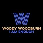 W  | Woody Woodburn | I  Am Enough ( deep blue  stylized W over gold letters for Woody Woodburn, over deep blue letters for I Am Enough) 