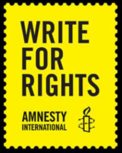 Write For Rights | Amnesty International (black letters on a yellow background withthe Amnesty logo (a candle wrapped in barbed wire) at the bottom)