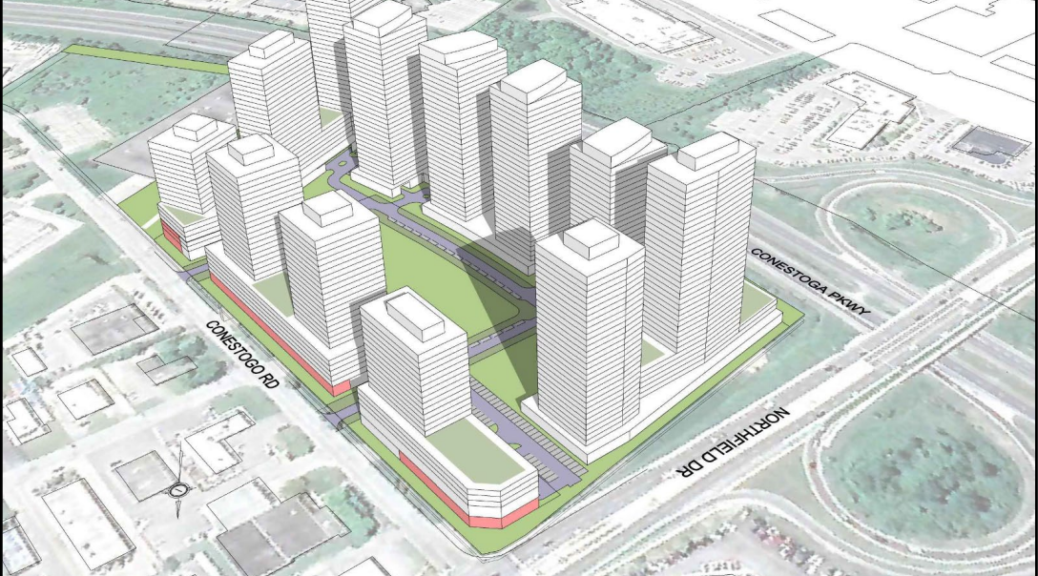 An artistic rendering of the proposed development. a 3d drawing on a rough map shows 12 towers rising from the site along.