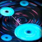 (painting of  turquoise disks floating in a multi-colour swirl)