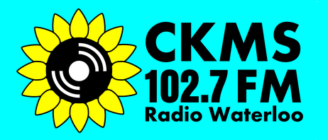 CKMS 102.7 FM Radio Waterloo (teal rectangle with yellow and black sunflower on the left and black text on the right)