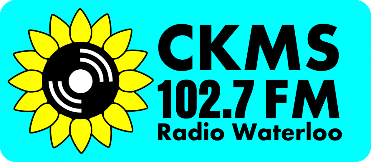 CKMS 102.7 FM Radio Waterloo (teal rectangle with rounded corners and a yellow and black sunflower on the left and black text on the right)