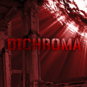 Dichroma (red-tinted photo of broken-down building supports, beams, posts, all underwater)