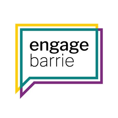 the text "engage barrie" in 3 overlapping "voice bubbles"