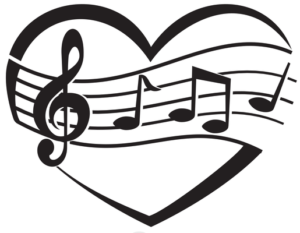 Black and white illustration of the heart shape with music notes in the middle.