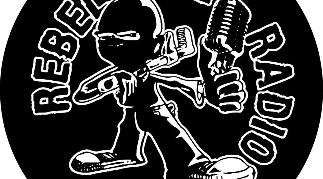 Rebel Time Radio (rebel holding a pipe wrench and a microphone. White line drawing on a circular black background)