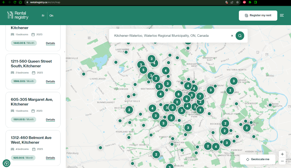 A screenshot from rentalregistry.ca. The webpage is split 15% on the left with a list of rental addresses and their prices near the radio station in Waterloo Region. To the right of that is a google map taking up the rest of the window with all of the locations in the database within the maps boundaries, showing up as clusters of different sized green dots. There are hundreds listed and as zoom in on the map, the clusters break out showing the individual locaitons.