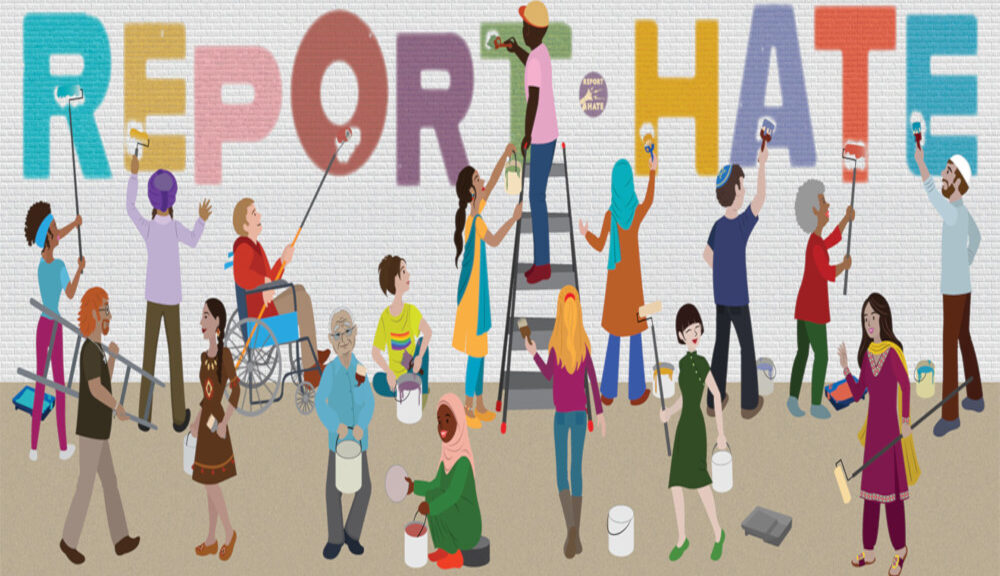 A cartoony illustration with a diverse crowd of folks painting on a big white wall the words "Report Hate" in a spectrum of colours.