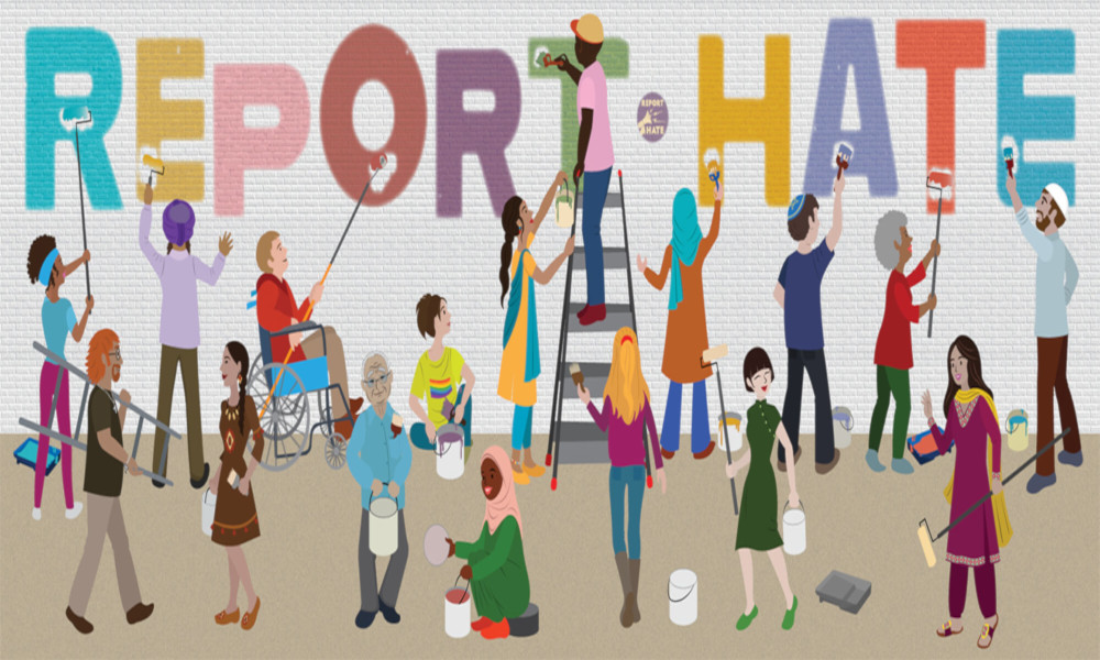A cartoony illustration with a diverse crowd of folks painting on a big white wall the words "Report Hate" in a spectrum of colours.