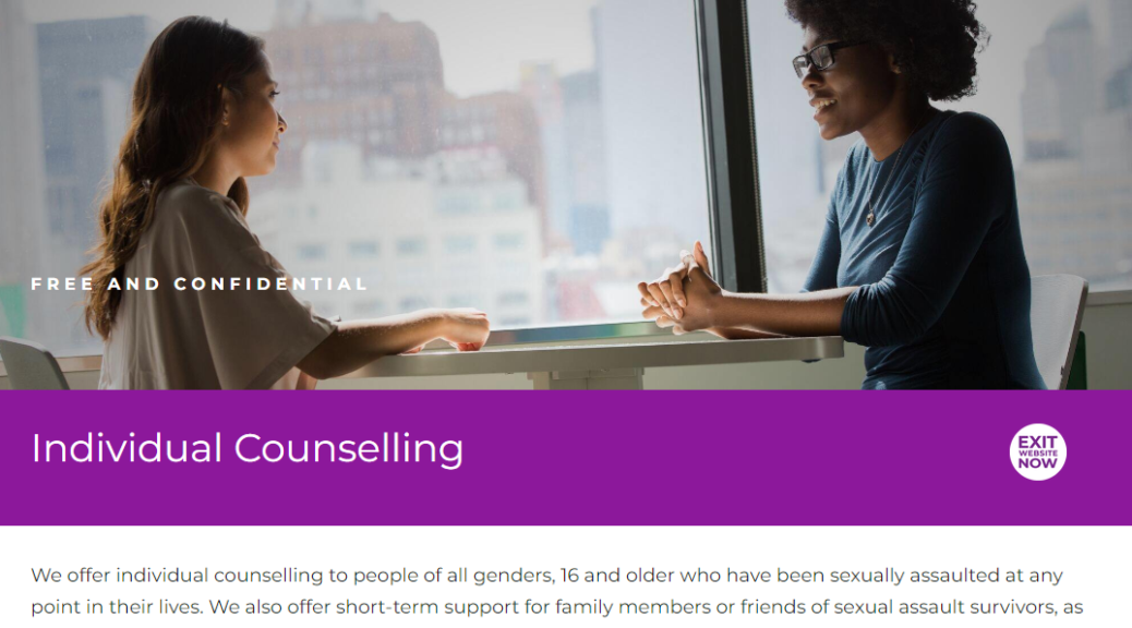 Screenshot from https://www.sascwr.org/individual-counselling. The header contains the SASC logo and main menu items. below that is an image of two people then the text: "FREE AND CONFIDENTIAL Individual Counselling Picture We offer individual counselling to people of all genders, 16 and older who have been sexually assaulted at any point in their lives. We also offer short-term support for family members or friends of sexual assault survivors, as well as information and referrals. We offer individual and group counselling in Cambridge and in Kitchener, both in-person and online. We also offer individual counselling to student survivors at Wilfrid Laurier University on their Waterloo campus, and at the University of Waterloo. All our services are free and confidential."