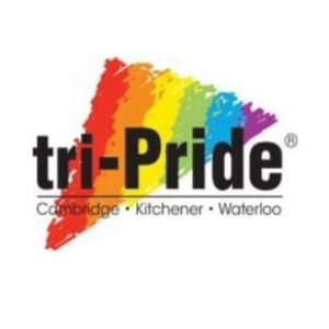 tri-Pride | Cambridge - Kitchener - Waterloo (black lettering over a triangular swath of the Rainbow Pride flag, textured as a chalk drawing)