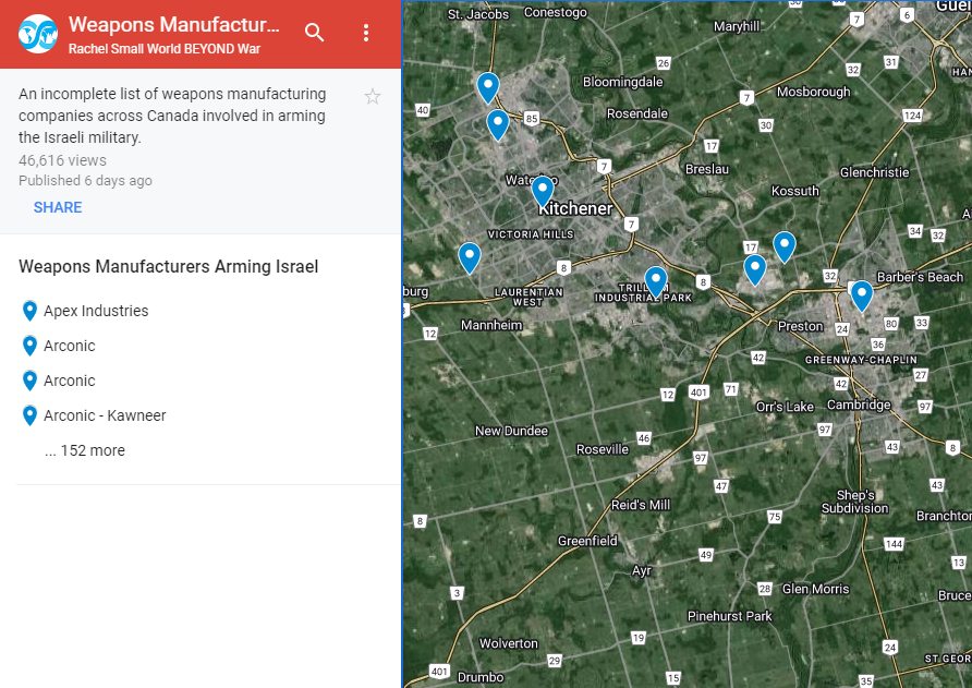Screenshot of the map created by word without war showing locations of weapons manufacturers. on the left of the map is the title "Weapons Manufacturers Arming Israel" and the start of a list of companies. On the right is the map, zoomed into waterloo region, with 8 markers of military equipment manufactures selling to Israel.