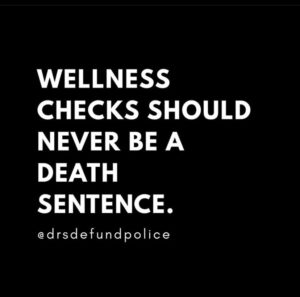 White text in all capitals on a black background reading "Wellness checks should never be a death sentence." @drsdefundpolice"